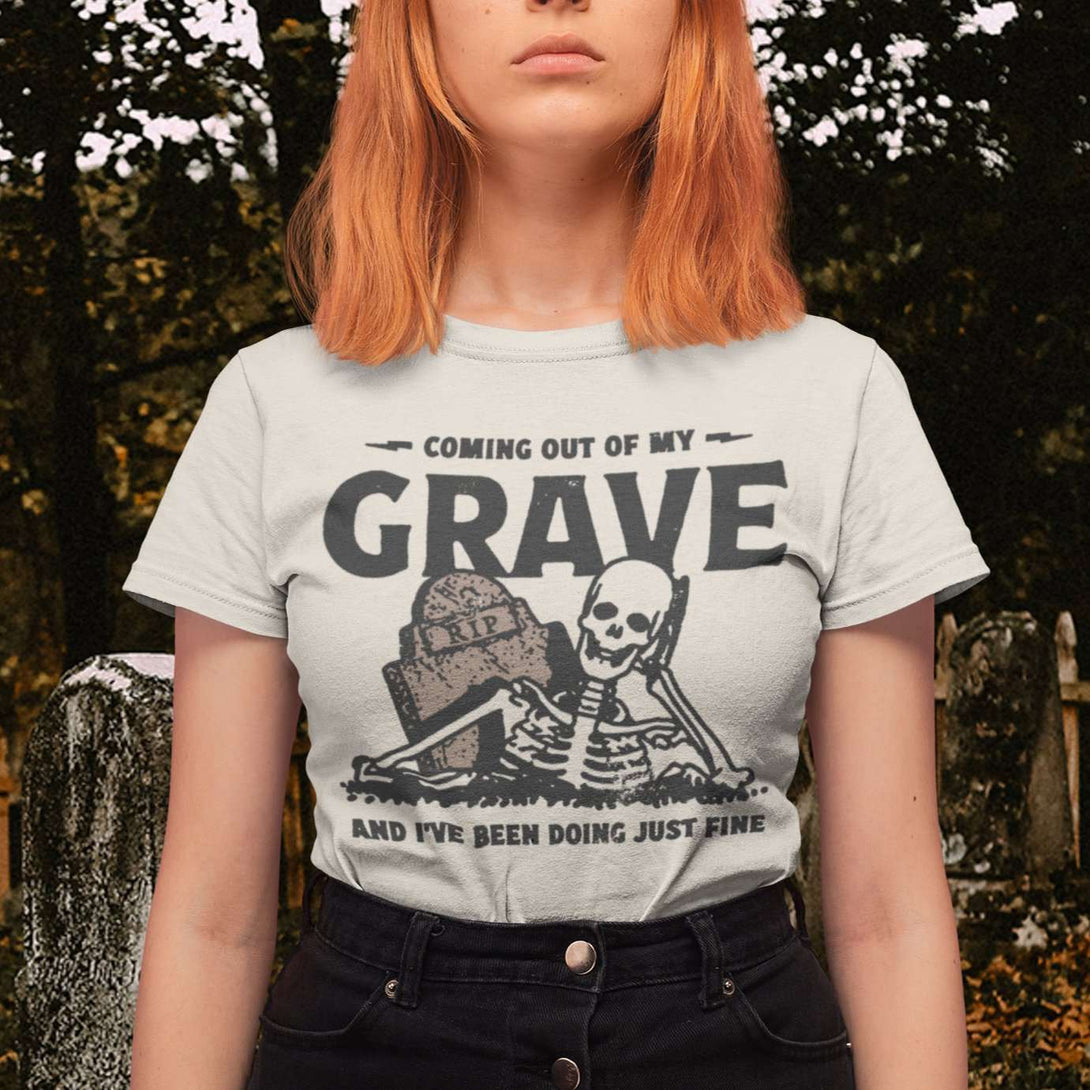 Crawling Out of My Grave - Halloween Horror Vintage Style Inspired Ghost Pumpkin Skeleton Short-Sleeve Unisex Tshirt - Nightmare on Film Street Store