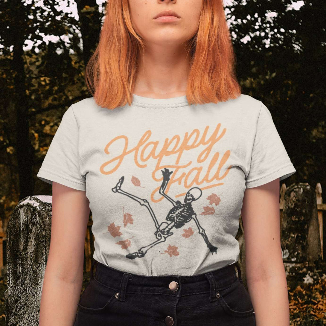 Happy Fall - Halloween Autumn Horror Vintage Style Inspired Ghost Pumpkin Skeleton Short-Sleeve Unisex Tshirt - Nightmare on Film Street Store