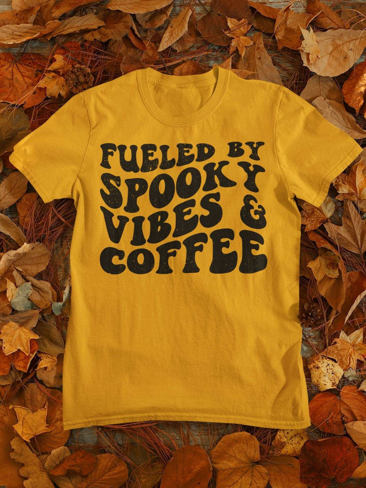 Spooky Vibes and Coffee T-Shirt - Retro Halloween Autumn Short-Sleeve Unisex Tee - Nightmare on Film Street Store