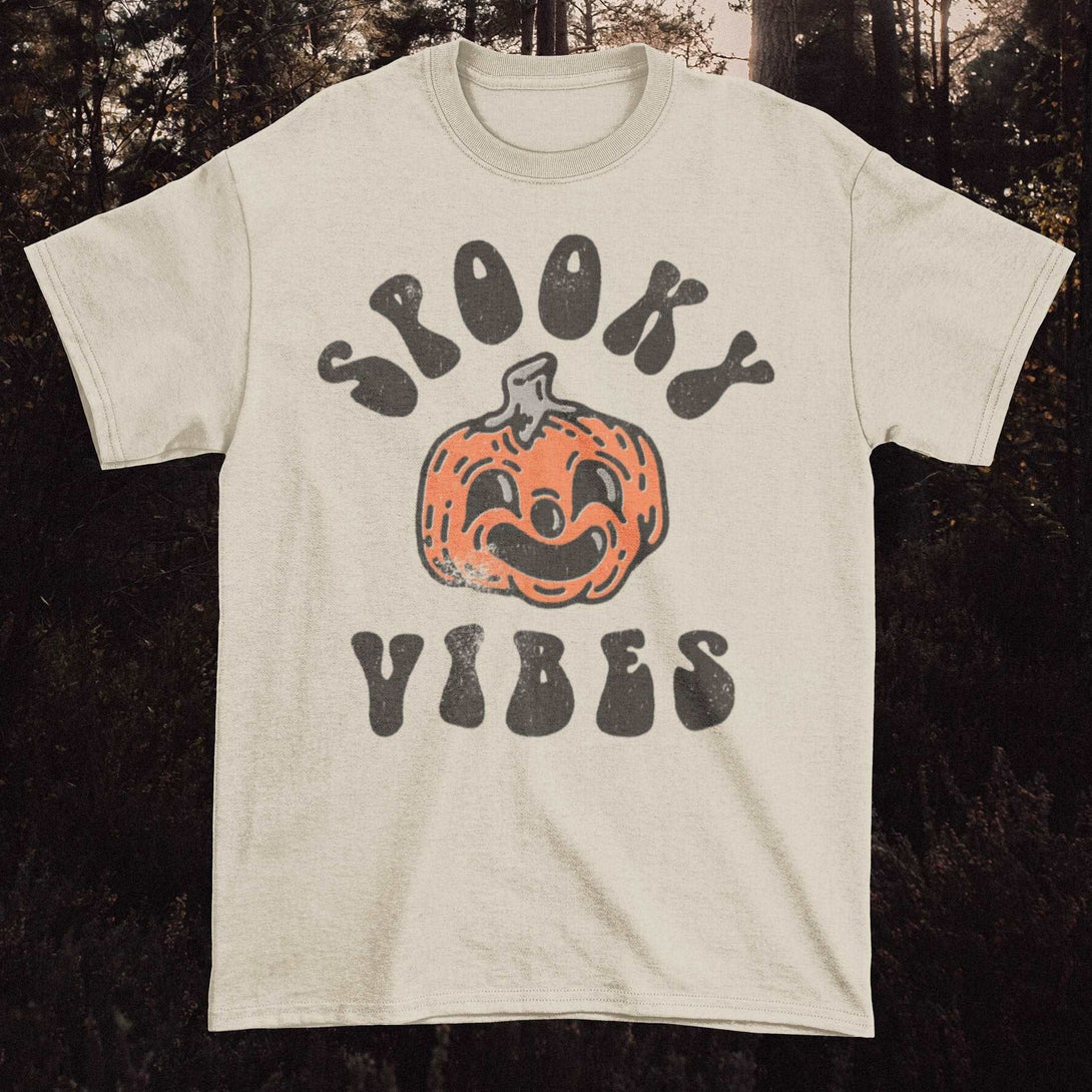 Spooky Vibes - Halloween Autumn Horror Vintage Style Inspired Ghost Pumpkin Skeleton Short-Sleeve Unisex Tshirt - Nightmare on Film Street Store