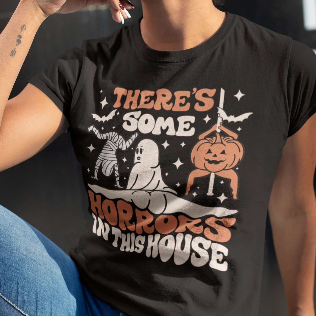 There's Some Horrors in this House - Halloween Horror Vintage Style Inspired Ghost Pumpkin Skeleton Short-Sleeve Unisex Tshirt - Nightmare on Film Street Store